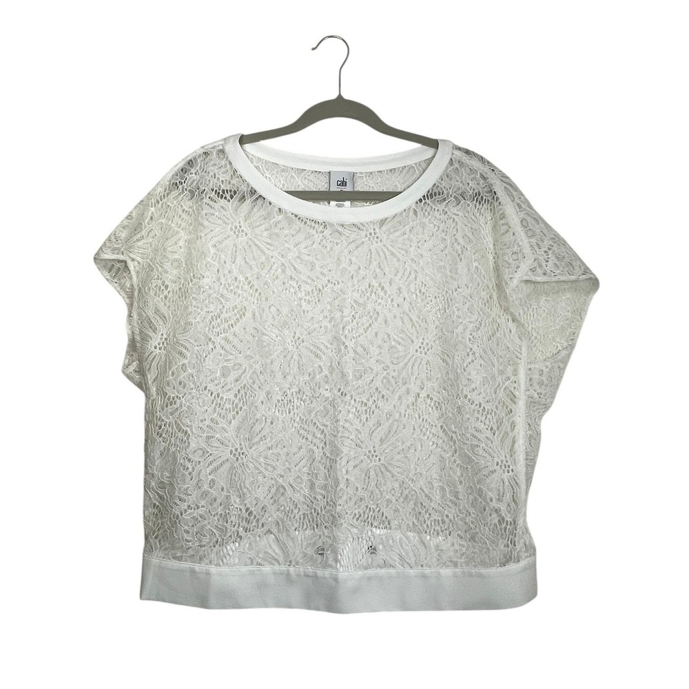 Cabi White Floral Lace Sheer Short Sleeve Snap Back Top Womens‎ Medium